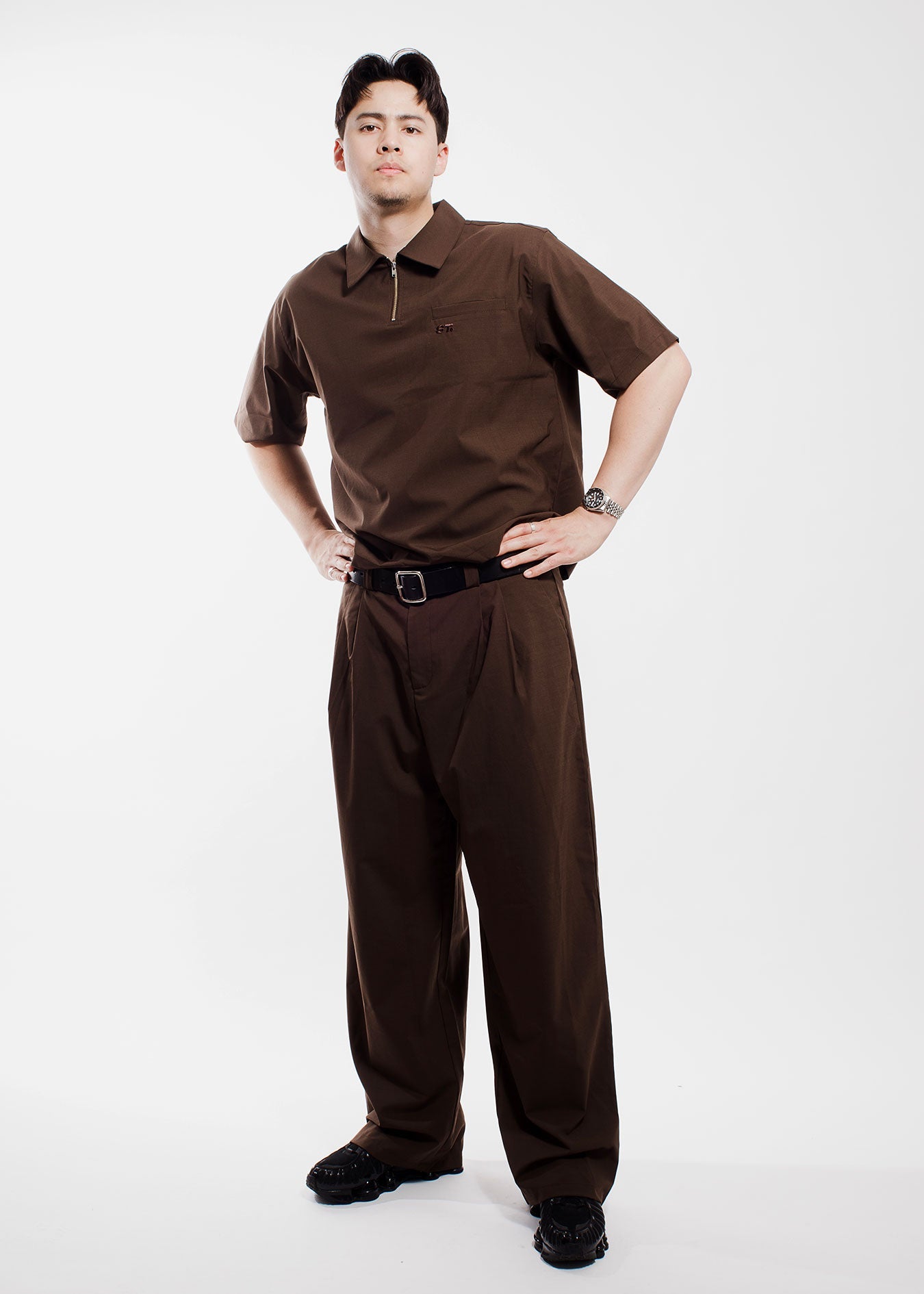 Quarter Zip Polo, Brown Shirts- SLICE TOWN