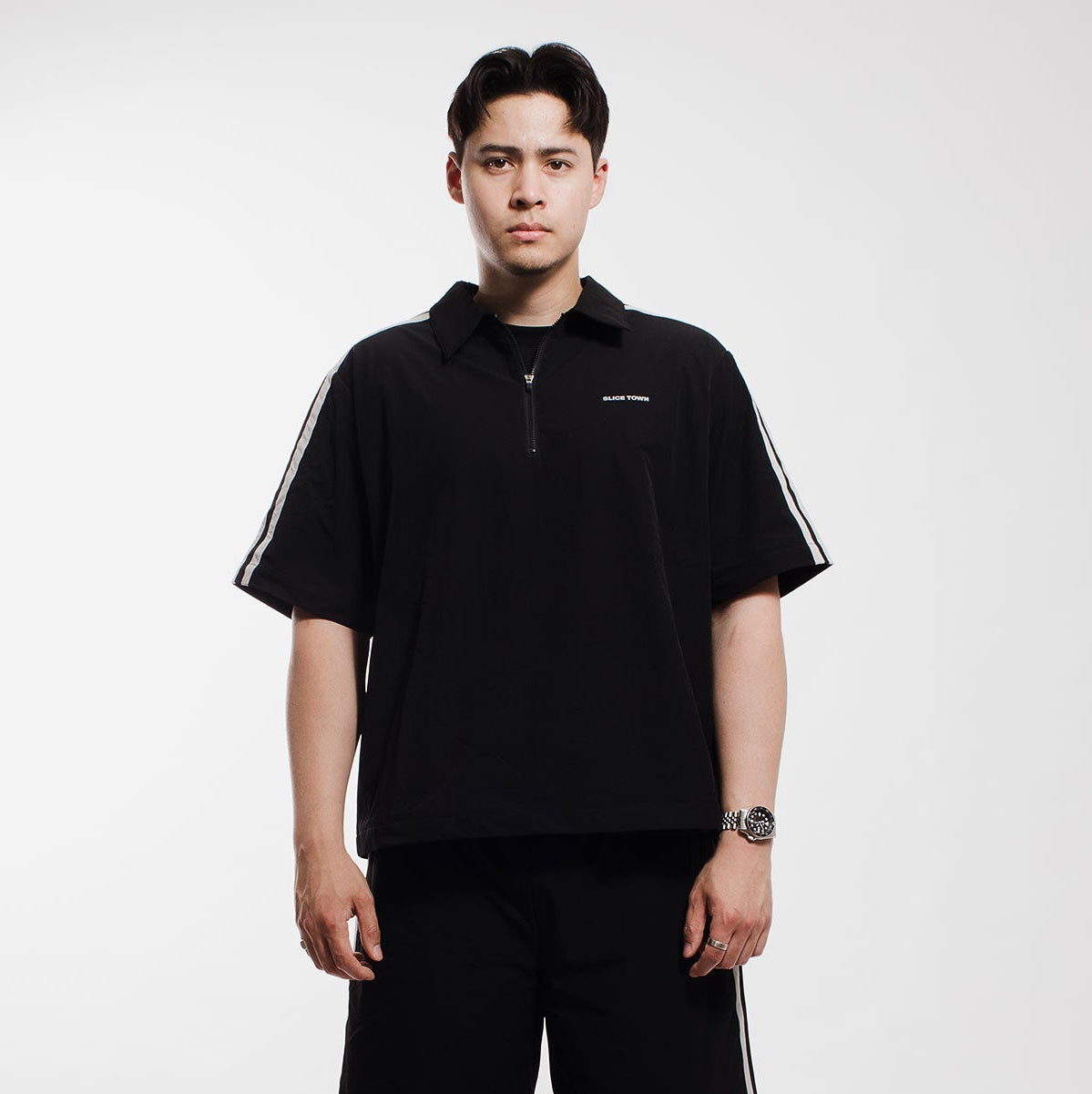 Short Sleeve Windbreaker, Charcoal Tops- SLICE TOWN